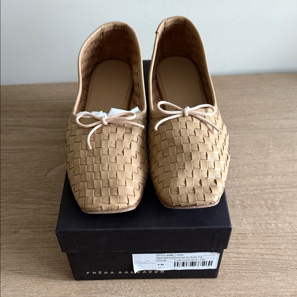 Freda Salvador Woven Tan Leather Ballet Flats with Bow